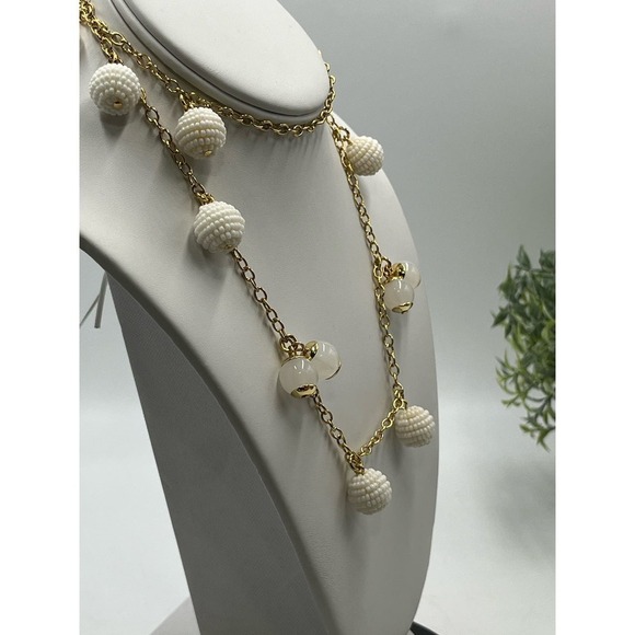 J. Crew Gold Tone White Beaded Beads and Whitish Orb Long Necklace New - Picture 2 of 12